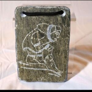 Inuit Vintage Soapstone Carved Plaque Canadian Eskimo Seal Singed